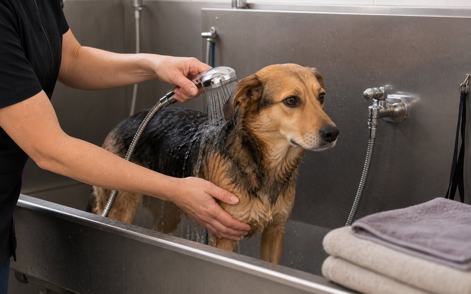 Chien lavé dans une baignoire de toilettage avec pommeau de douche