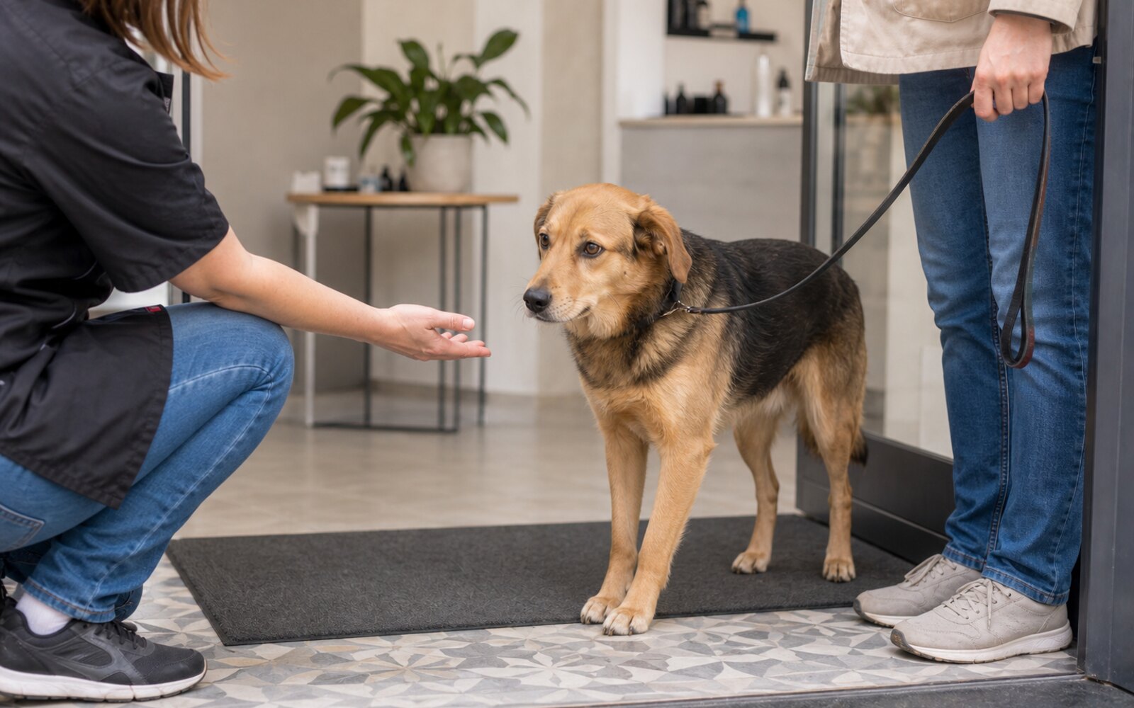 Chien tenu calmement en laisse à l'entrée d'un salon de toilettage