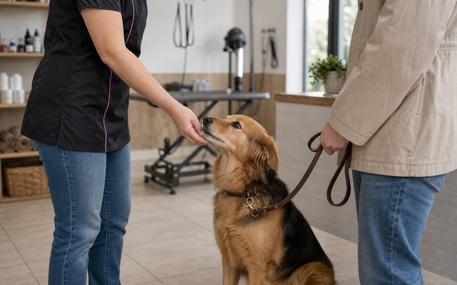 Toiletteur accueillant un chien avec le propriétaire dans le salon