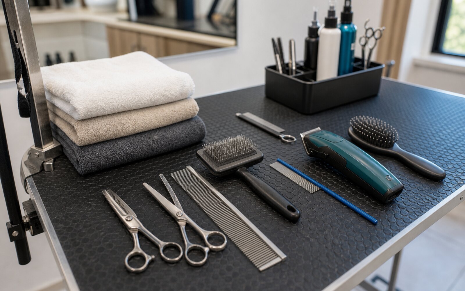 Ciseaux, peignes et serviettes propres rangés sur une table de toilettage