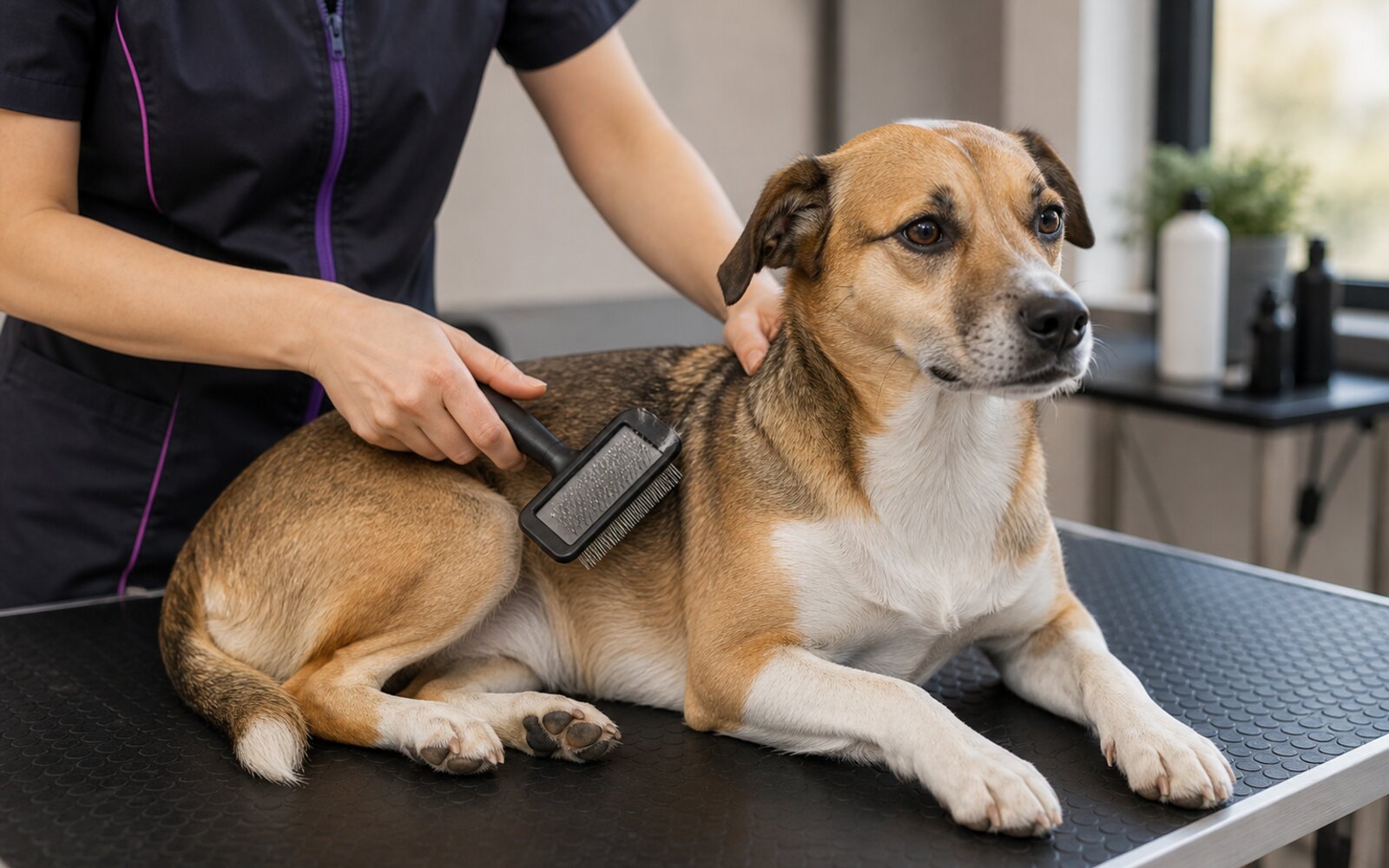 Brosse passée sur le pelage court d'un chien posé sur une table