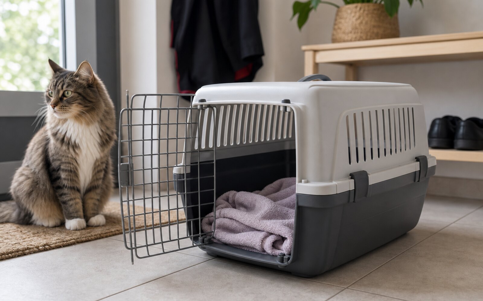 Caisse de transport de chat avec linge familier à l'intérieur