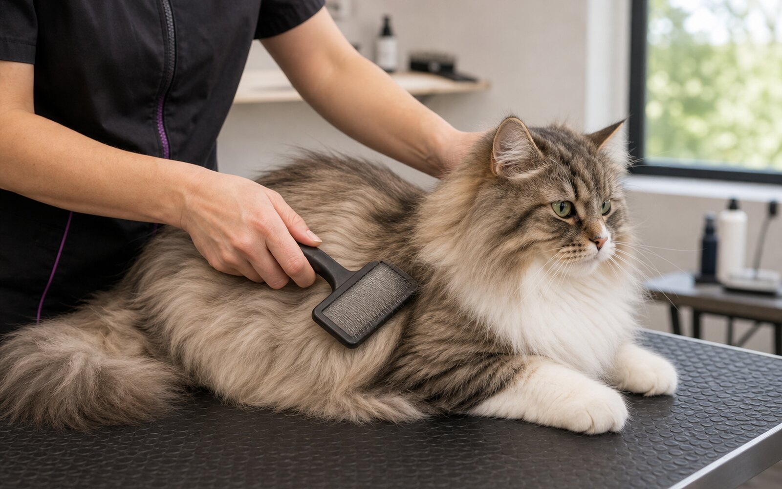 Chat à poil long brossé doucement sur une table de toilettage