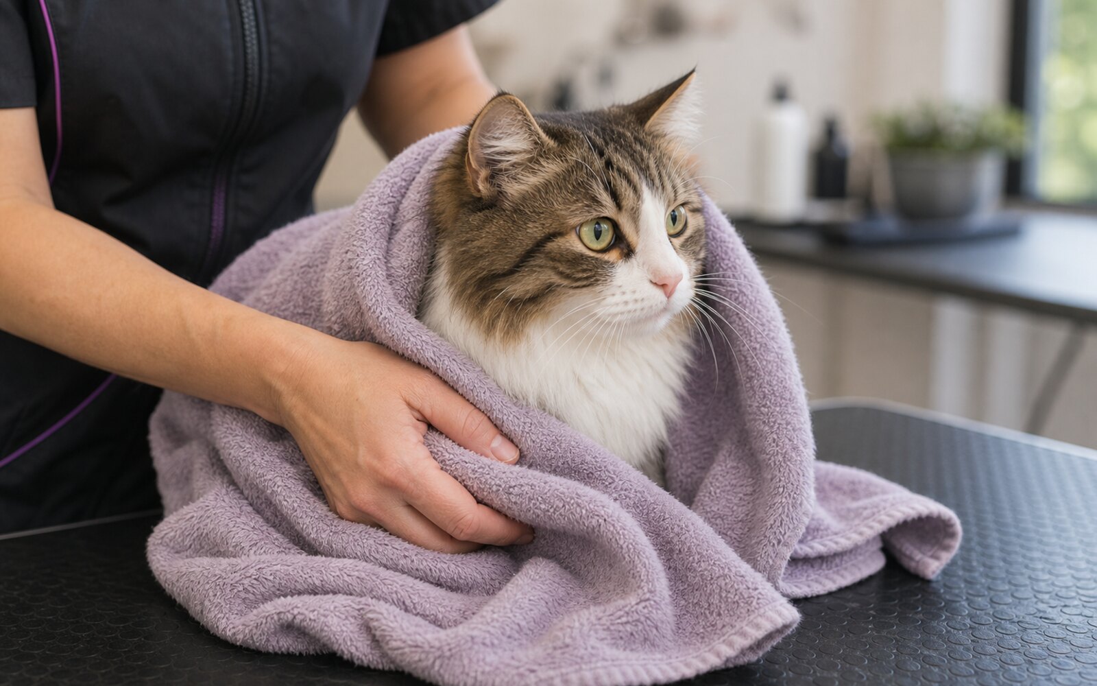 Chat enveloppé dans une serviette après un soin de toilettage